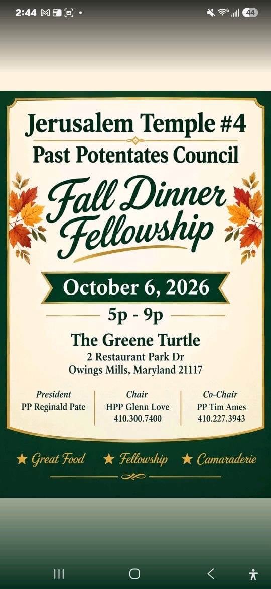 Event flyer for Past Potentates Council Fall Dinner Fellowship