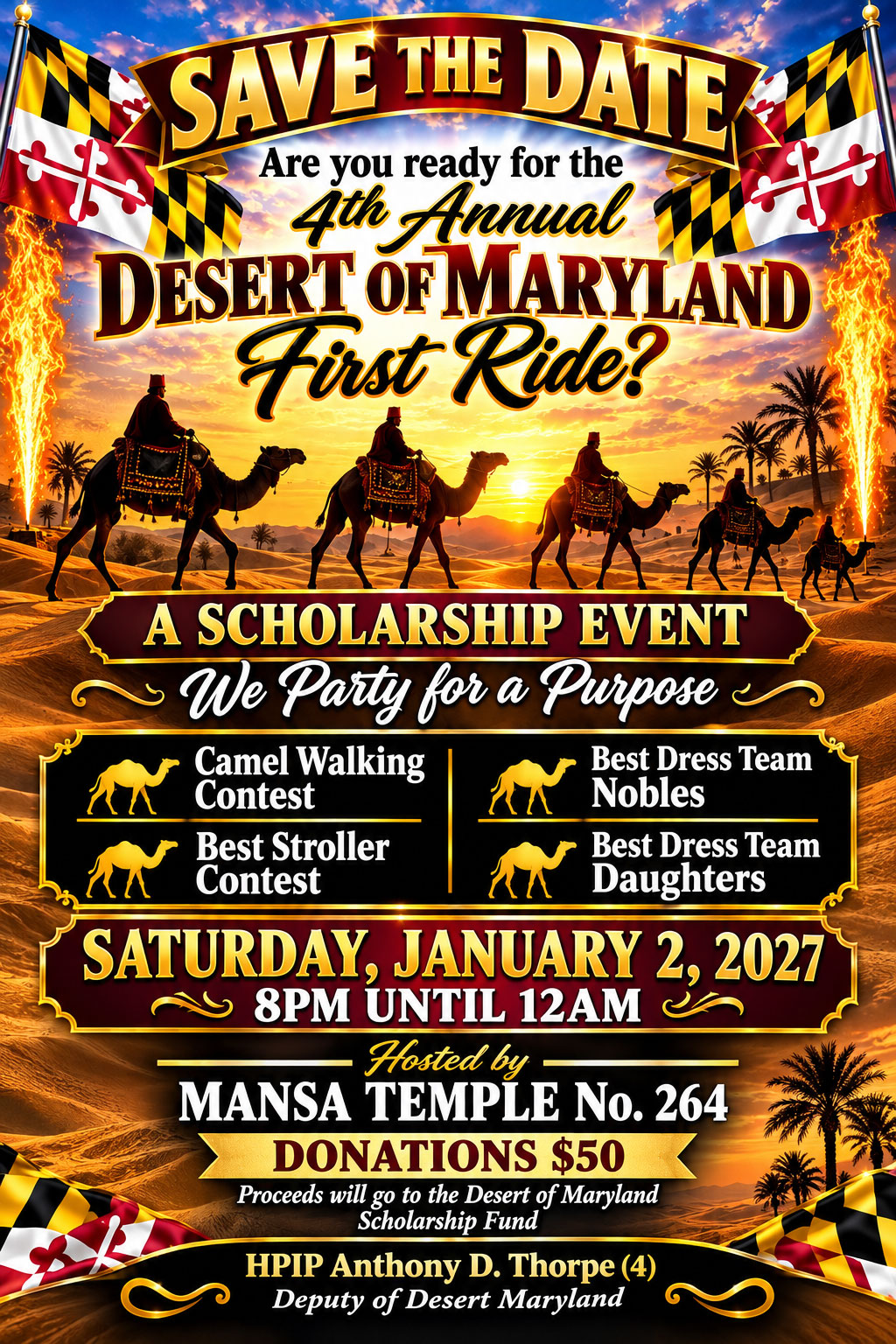 Event flyer for Desert of Maryland First Ride — Scholarship Fundraiser
